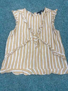 Harve Benard Mustard and White Striped Ruffle Tie-Front Sleeveless Top